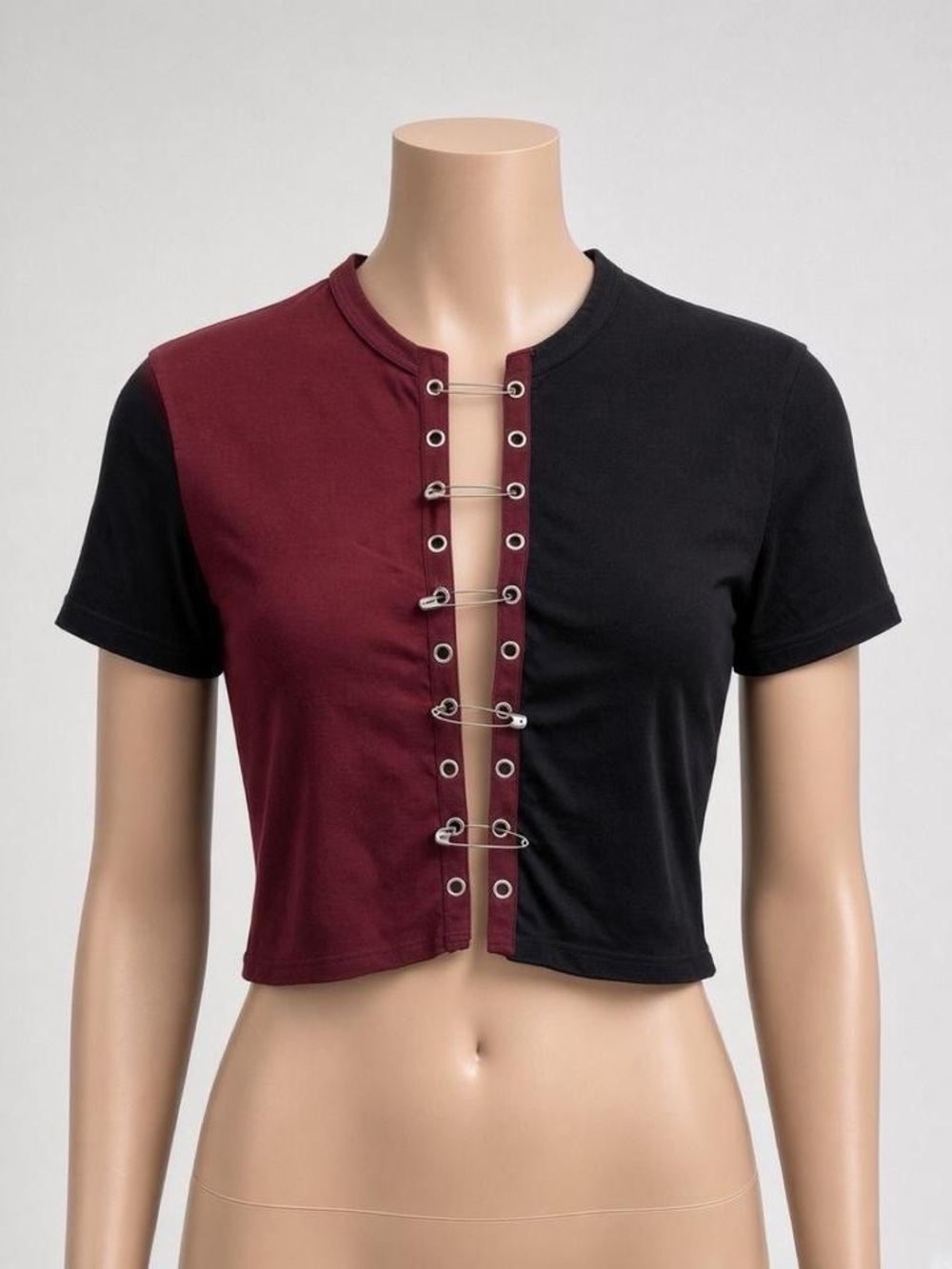 Two-Tone Burgundy and Black Safety-Pin Front Crop Top